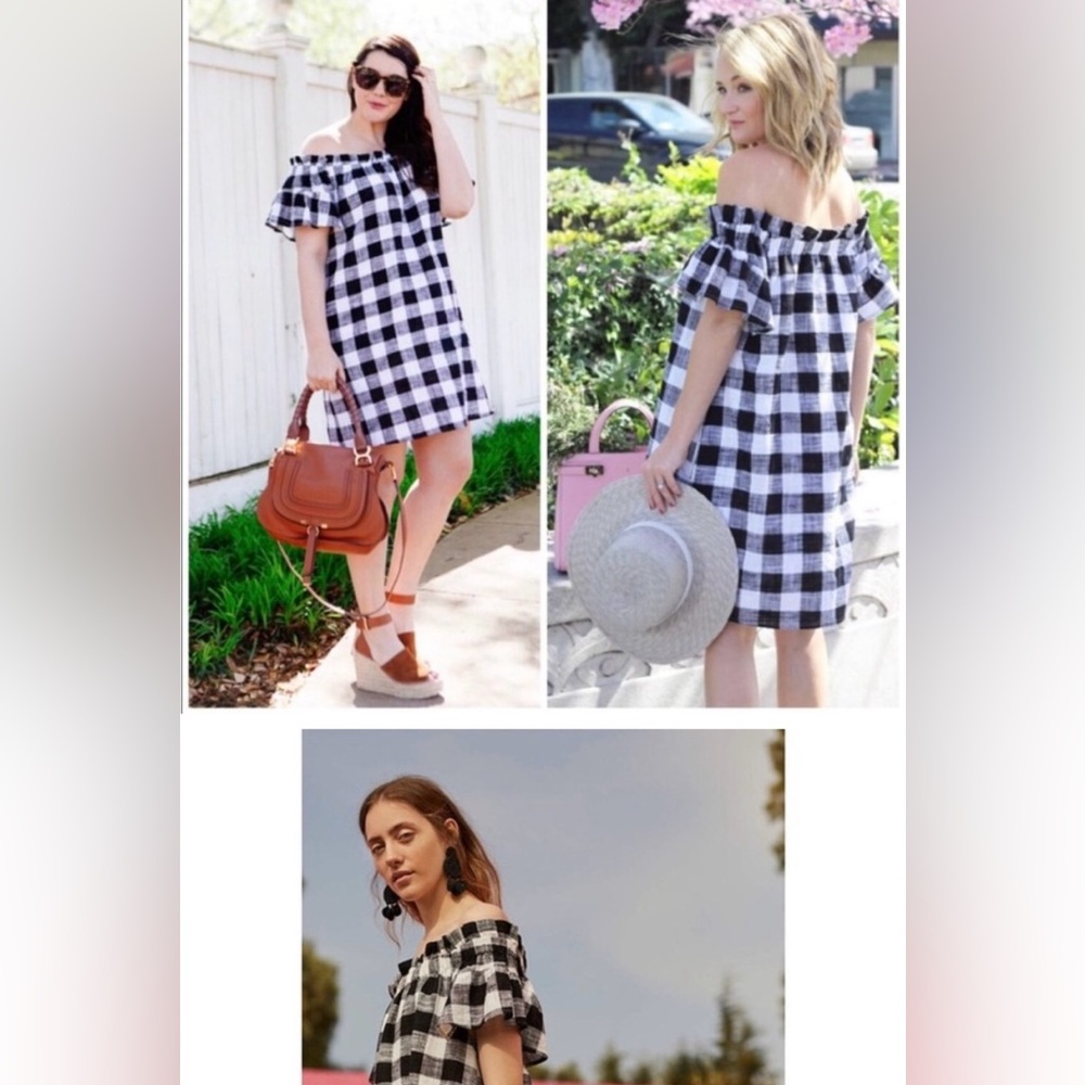 Corey Lynn Calter black and white gingham off the shoulder dress. Size medium.